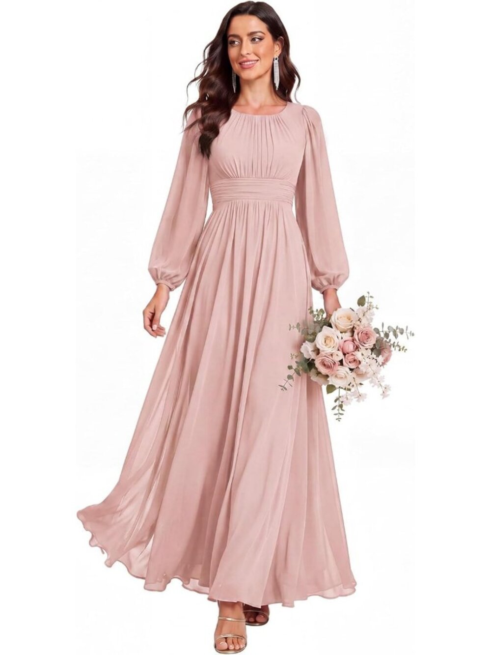 Chiffon Long Sleeve Formal Wedding Guest Dress - Elegant Evening Gown, Size